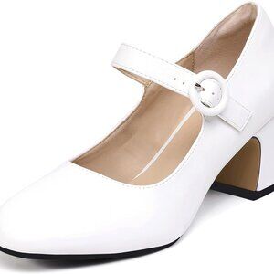 Women’s Mary Jane Pumps Leather 3 inch Chunky Block Heels Bridal Dress Shoes